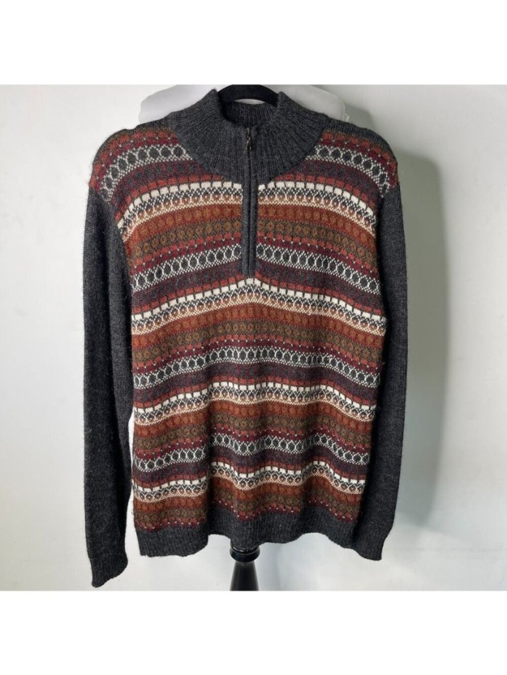 Novica 100% Alpaca Large Sweater Men's Fair Isle Quarter Zip Peruvian Artisan